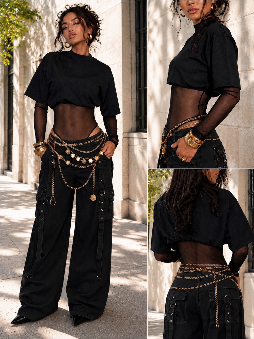 Black Mesh-Long Sleeve Bodysuit - with Crop Top Overlay